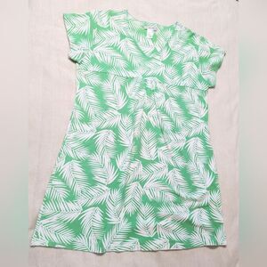 LIZ & CO Dress Womens XL Light Green & White Leafprint Short Sleeve Mini Vneck